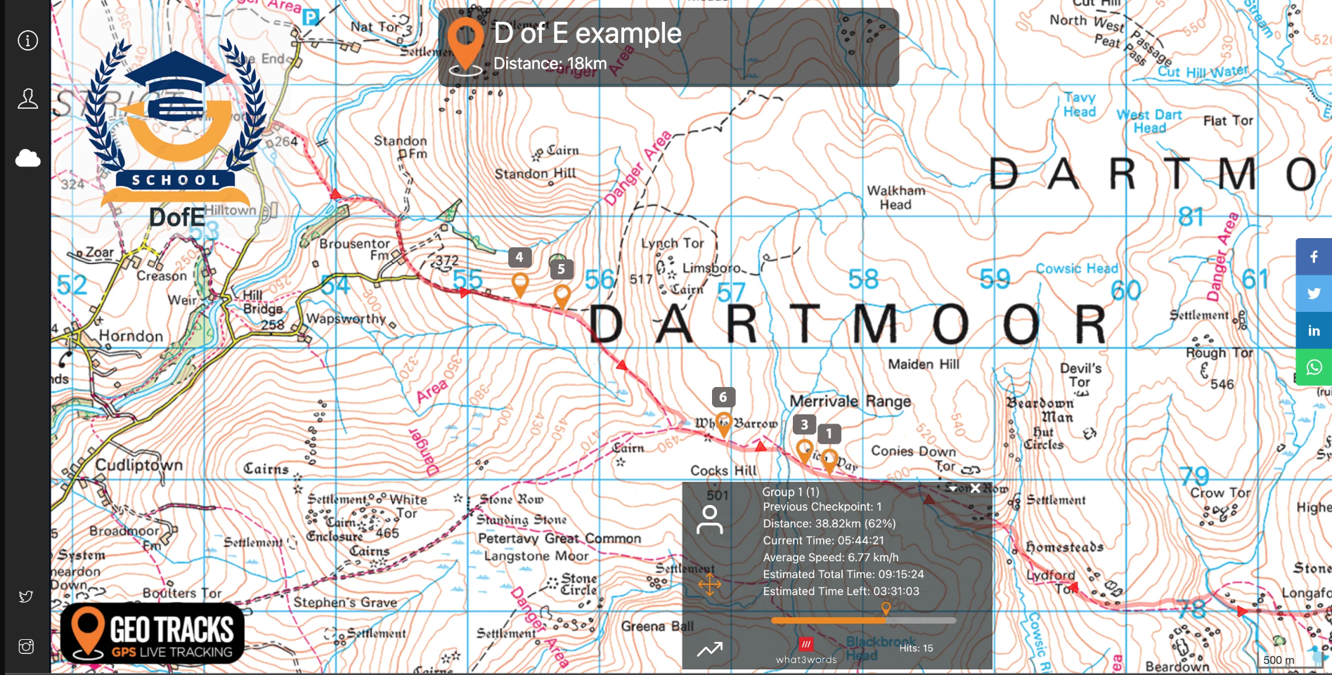 Geo Tracks GPS tracking system showing DofE expedition on Dartmoor with multiple team markers and live stats