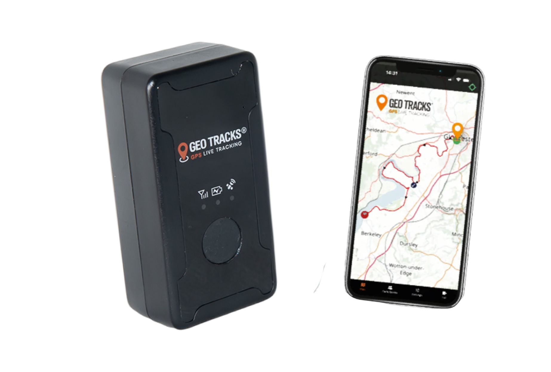 GT60 Personal Tracker with phone showing Geo Tracks Go app
